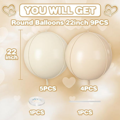 Cream Beige Round Foil Balloons 9 pcs, Metallic Giant 4D Round Balloons 22 Inch - Image 2