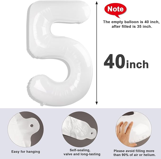 5 Balloon Numbers Birthday Decorations, 40In White Balloons - Image 5