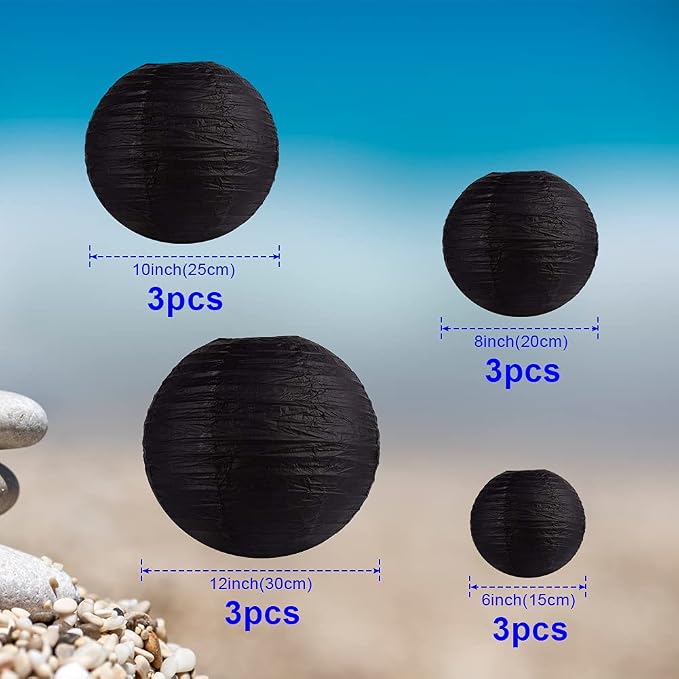 Black Paper Lanterns 12 Pcs Assorted size of 6" 8" 10" 12" Chinese Round Paper - Image 2