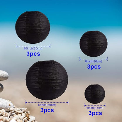 Black Paper Lanterns 12 Pcs Assorted size of 6" 8" 10" 12" Chinese Round Paper - Image 2