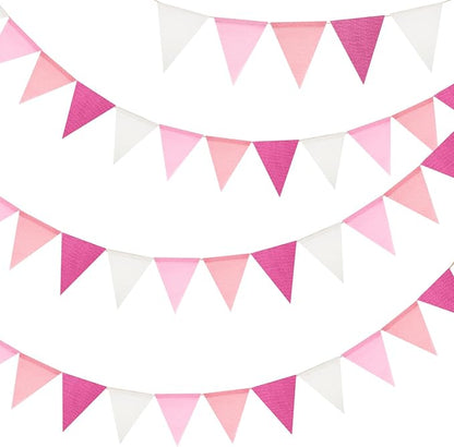G2PLUS Pre-Strung Burlap Pennant Banners, 39Ft Pink Fabric Triangle Flag Bunting by G2PLUS