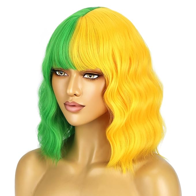 BERON 14 Inches Green Yellow Wig for Women Girls Short Curly Wig Green Yellow Split Wig with Bangs