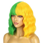 BERON 14 Inches Green Yellow Wig for Women Girls Short Curly Wig Green Yellow Split Wig with Bangs