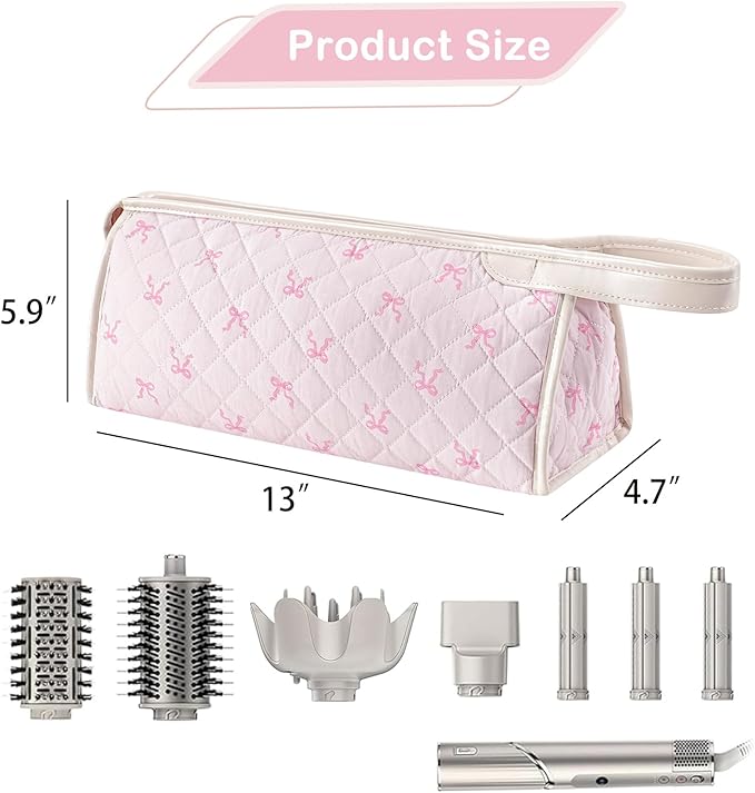 Large Quilted Hair Tools Travel Bag,Aesthetic Hair Styling Accessories Storage Case for Flat Irons,Straightener,Curling Iron,Hair Dryer,Dyson Airwrap Travle Bag,Portable Organizer（03Pink Bow）