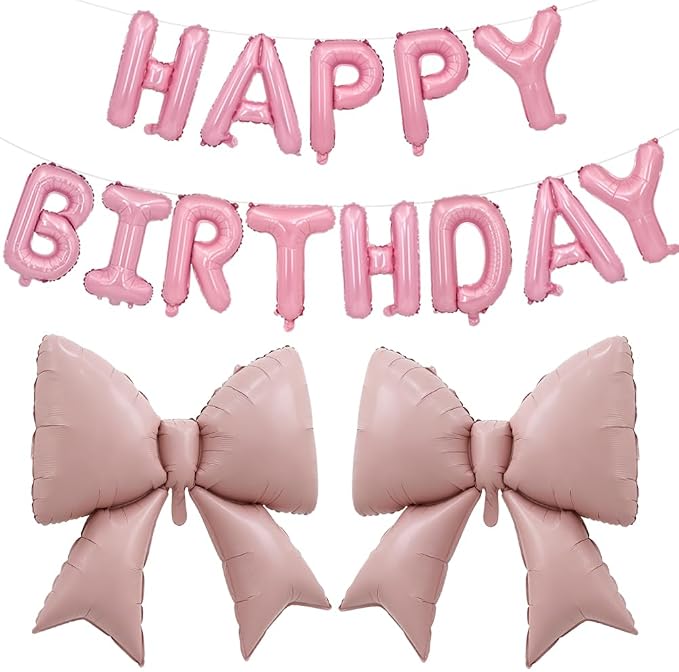 Vuzvuv Pink Happy Birthday Balloons, 38 Inches Huge Bow Aluminum Foil Balloons by Vuzvuv