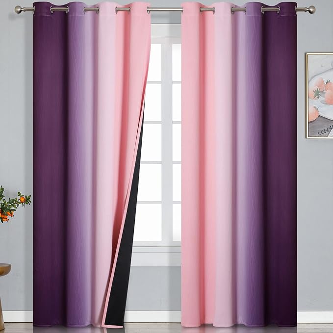 Purple and Pink Ombre Blackout Curtains 102 Inches Long 2 Panels Set, Thermal by ESTELARTEXTILER