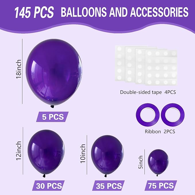 Dark Purple Balloons 145pcs Different Sizes 5in 10in 12in 18in Purple Round - Image 2