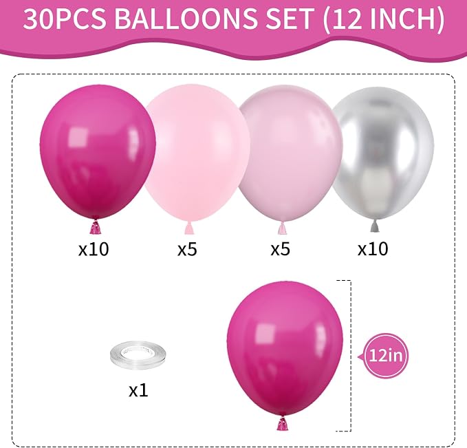 Pink and Silver Balloons, 12 Inch Hot Pink Pastel Latex Balloon Metallic Chrome - Image 3