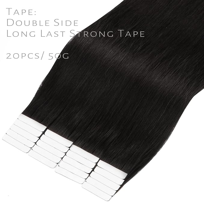 Lacer Real Human Hair Tape in Extensions - 12 Inch Natural Black Invisible Tape in Human Hair Extensions, Seamless Double Skin Weft 50g 20pcs