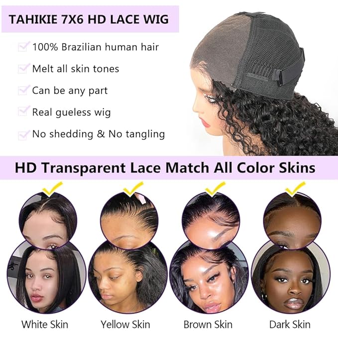 7x6 Burmese Curly Glueless Wigs Human Hair Pre Plucked Pre Cut 250% Density Drawstring Wig Human Hair 7x6 HD Lace Front Wigs Human Hair for Black Women Wear and Go Glueless Wig Natural Color 18inch