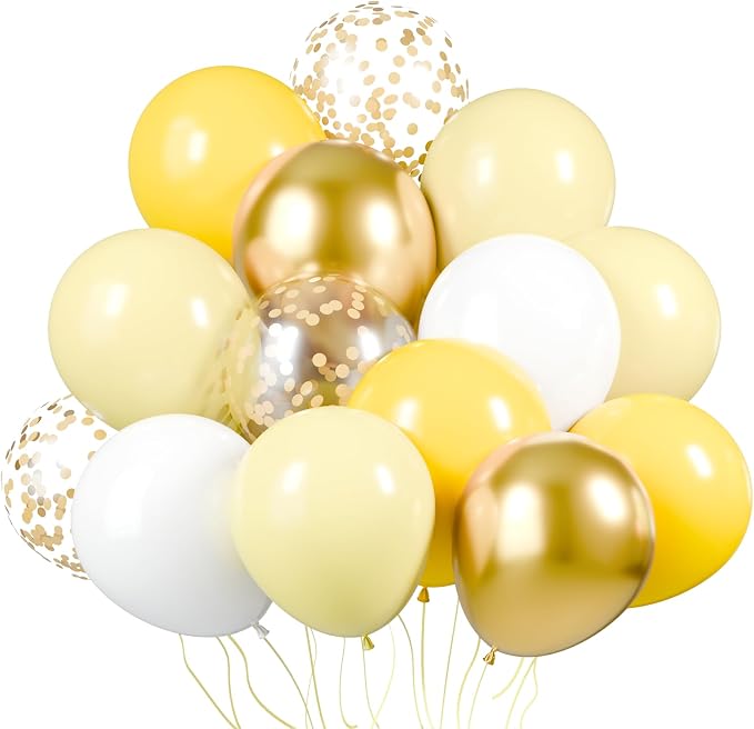 KBZVNAF Yellow White Gold Confetti Balloons 60 Pack 12 inch | Pastel Yellow by KBZVNAF