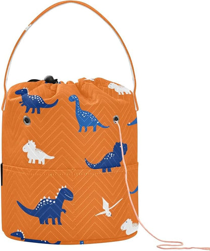 Orange Cartoon Dinosaurs Yarn Bag Small Crochet Bag Drawstring Yarn Storage by Tatenale