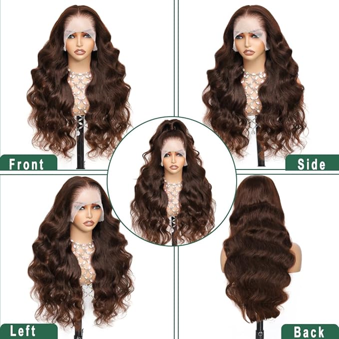 30 Inch Chocolate Brown Human Hair Wig 13x6 Body Wave Lace Front Wigs Human Hair Pre Plucked M Hairline 200 Density 13x6 HD Frontal Glueless Colored Brown Human Hair Wig for Women