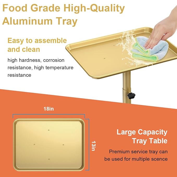 Salon Tray Cart, Salon Rolling Tray Adjustable Height, Tattoo Tray, SPA Rolling Trolley Tray for Beauty Hairstylist Dental Clinic,Champagne Gold