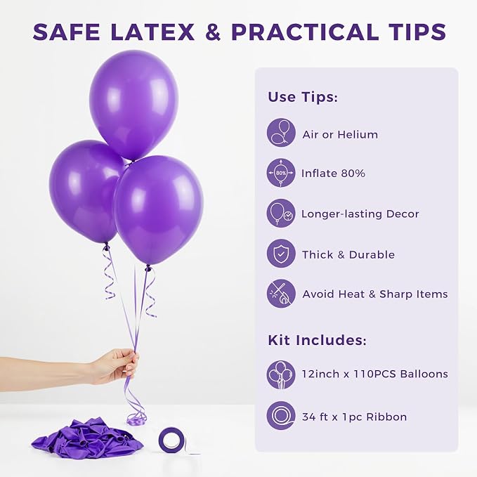 LovesTown 110PCS Purple Latex Balloons 12 Inch Dark Purple Helium Round Balloons - Image 7