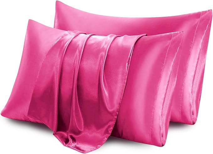 Aormenzy Satin Pillow Cases for Women King Size Set of 2, Hot Pink Satin Pillowcase for Hair with Envelope Closure Silky Pillow Covers Wrinkle, Fade Resistant (20x40 Inches)