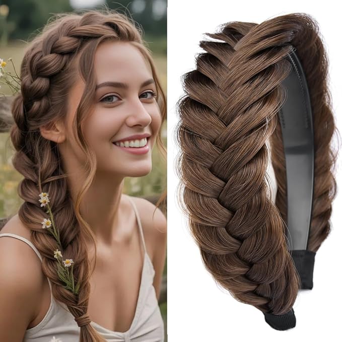 DIGUAN Wide Messy Braided Headband With Teeth Synthetic Hair Plaited Headband High Elasticity Braids Chunky Fishtail Braided Hair Band Hairpiece for Girls Women (Chestnut)