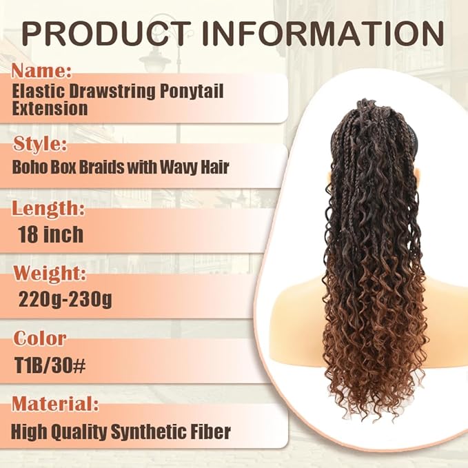 Drawstring Ponytail for Women 18 inch Boho Box Braids with Long Wavy Hair Clip in Ponytail Extension Synthetic Hair Extensions Ponytail for Daily Use (T1B/30#, 18 Inch)