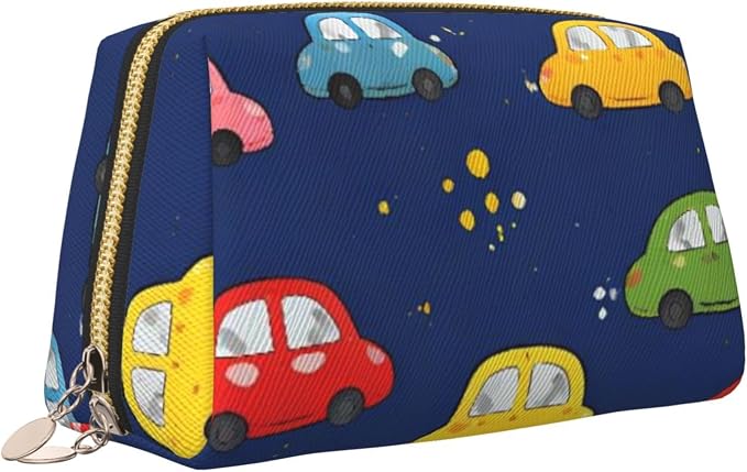 Navy Blue Drawing Car Leather Makeup Bag Cosmetic Pouch Portable Travel - Image 2