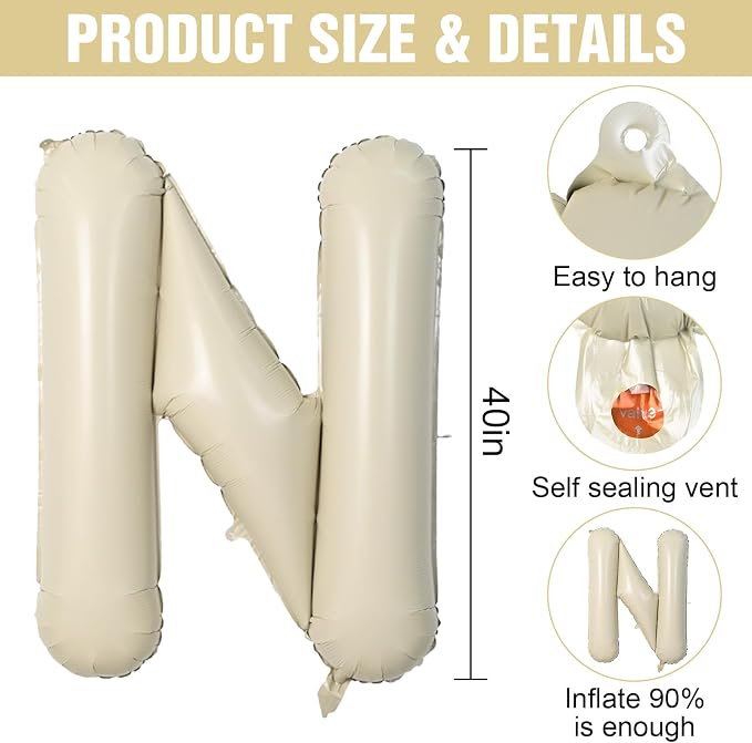 Cream N Letter Balloons, 40 Inch Letter N Balloon Beige, Helium Custom Letter - Image 2