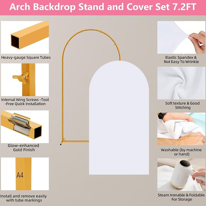 Metal Arch Backdrop Stand and Cover Set, 7.2FT Gold Wedding Backdrop Arch Frame - Image 4