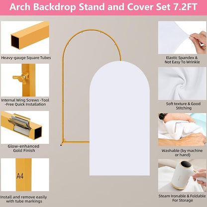 Metal Arch Backdrop Stand and Cover Set, 7.2FT Gold Wedding Backdrop Arch Frame - Image 4