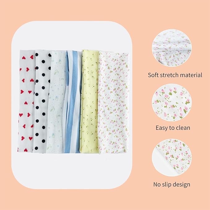 6 Pcs Anti-Slip Elastic Headbands for Women Soft Fabric Yoga Sweatbands with Floral Heart Print Stretchy, Sweat-Absorbent and Lightweight for Fitness, Running and Daily Wear