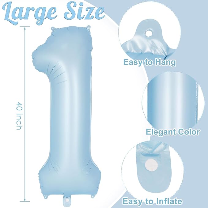 Light Blue Number 1 Balloon, 40 Inch Big Large Foil Number Balloons, Giant - Image 3