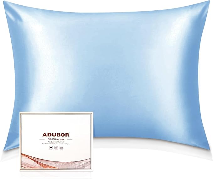 Adubor Mulberry Silk Pillowcase for Hair and Skin with Hidden Zipper, Both Side 23 Momme Silk, 900 Thread Count (20x30inch, Queen Size, Sky Blue, 1pc)