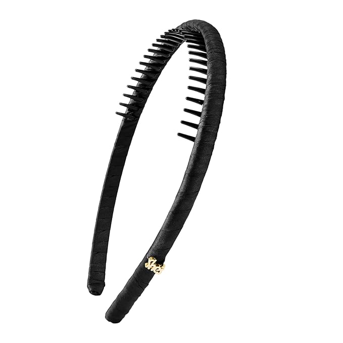 SHE'S FREE STYLE JUST FOR YOU Upgraded Classic Thin Headbands for Women, Non-Slip Polyester & Plastic Hair Bands with Teeth for Strong Hold Grip, Durable Hair Accessories (Gold-K0, Upgrade)