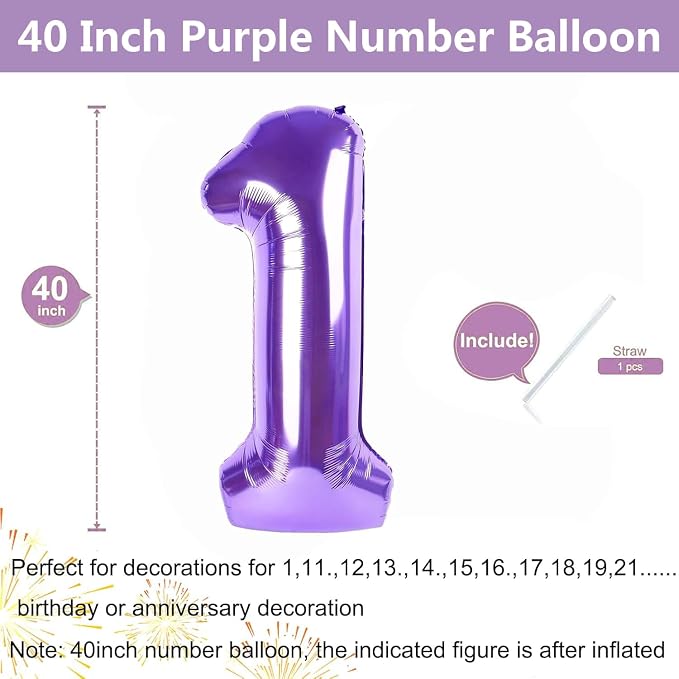 Purple Number Balloons, 40 Inch Purple Balloon 1.1 Helium Balloon 1st Birthday - Image 2