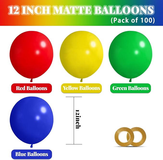 Red Blue Green Yellow Balloons 100 Pack 12 Inch Matte Blue Yellow Red Green - Image 2
