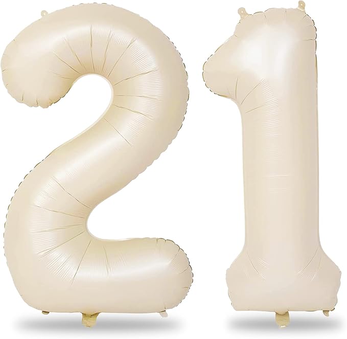 Cream 21st Birthday Balloons for Her, 40 Inch Beige Foil 21 Balloon Numbers for by Lingqiang