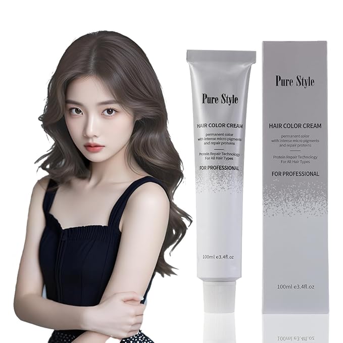 PureStyle 100ml Professional Permanent Hair Color Dye Cream Ammonia Free, Long Lasting Warm Ash Brown Milk Tea Color, 100% Gray Coverage, Natural Shine, For All Hair Types Easy At Home Application