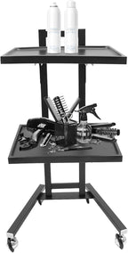 2 Tier Foldable Tray Trolley, Stainless Steel Salon Storage Metal Rolling Cart Mobile Hairdressing Tool Organizer with Wheels for Hair Salon, Studios, Spa Salons (Black)