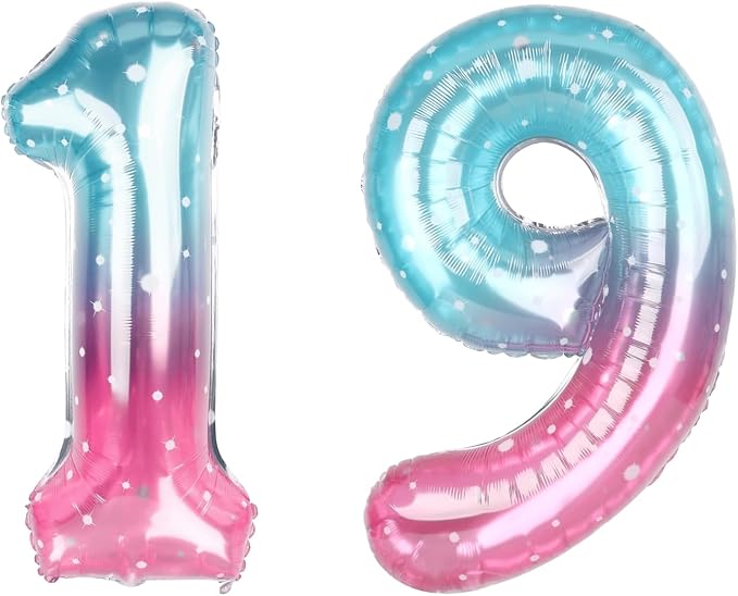 40 Inch Blue Pink Number 19 Balloon, Ombre Foil 19th Birthday Party Decor | by Unknown