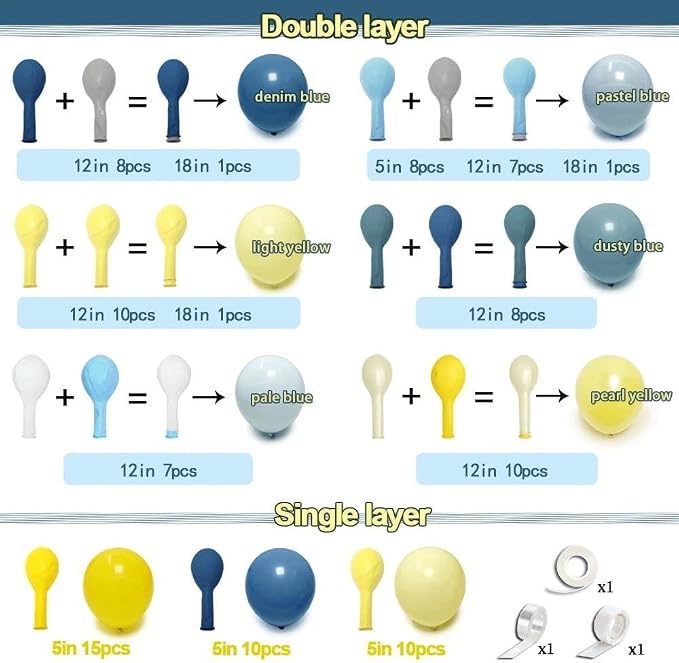 Dusty Blue Yellow Balloon Arch Kit Double Stuffed Dark Pastel Blue Light Yellow - Image 4