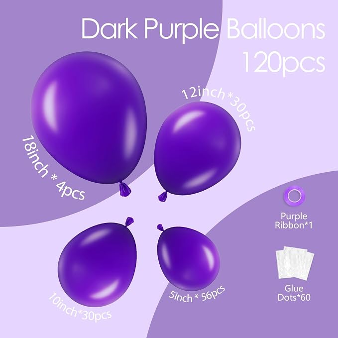 Awenztech 122pcs Dark Purple Balloons, 18 12 10 5 inch Purple Balloons - Image 4