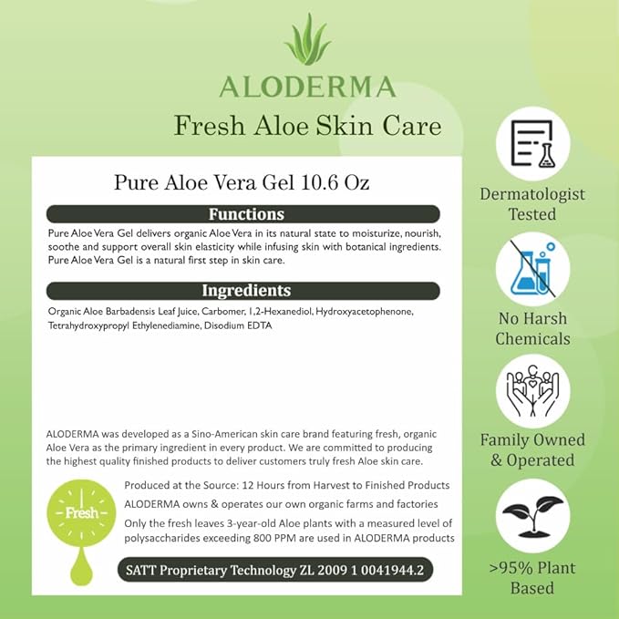 Aloderma 99% Organic Aloe Vera Gel Made within 12 Hours of Harvest - Lightweight, Non-Sticky Aloe Gel for Face Body, Hair, & Scalp, After Sun Relief, Natural, Soothing Hydrating Aloe Gel, 10.6oz