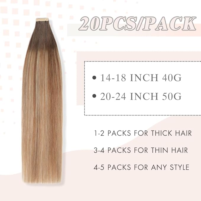 Tape in Hair Extensions Real Human Hair 24 Inch Chestnut Brown to Light Brown Mixed Light Blonde Skin Weft Hair Extension Invisible Tape in Hair Extensions Straight 20pcs (2/6/18K#,24 Inch)
