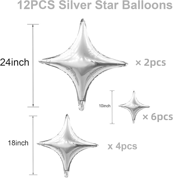 HILAVO 12PCS Silver Star Balloons, 24in 18in 10in Four Angle Star Shaped - Image 2