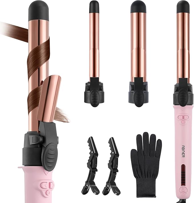 ABNER Rotating Curling Iron Set, Automatic Curling Wand for Long Hair, Easy to Use Hair Curler Get Effortless Beach Waves, 3 Sizes Ceramic Barrel 0.75" 1" 1.25" to 430°F with Home Button, Dual Voltage