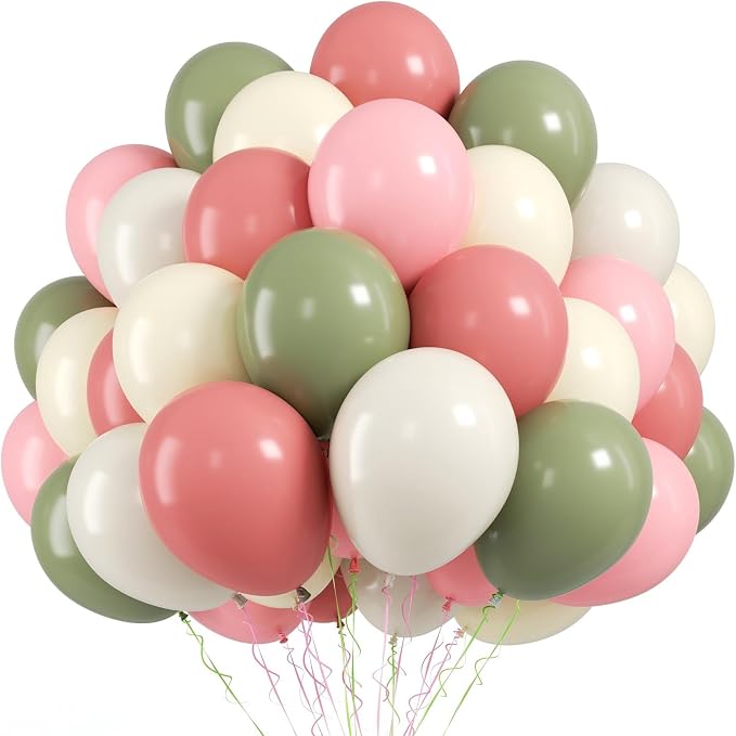 FunHot Sage Green Pink Balloons, 12 Inch Light Yellow Ivory Latex Balloons by FunHot