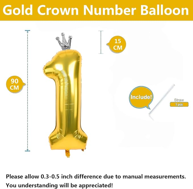 Gold Number 1 Balloon with Crown, 40 inch Gold Number Balloon 1st Birthday - Image 2