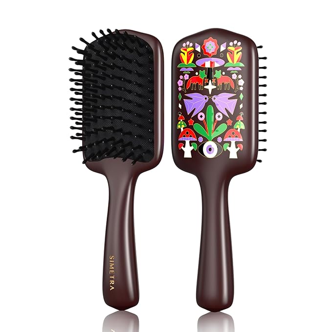 SIMETRA Wooden Paddle Hair Brush Unique Pattern Hair Brushes for Women Wet Brush Detangling Brush Guinean Ovangkol Hardwood Bristles for Scalp Massage for Men Kids for All Hair Types (Fox)