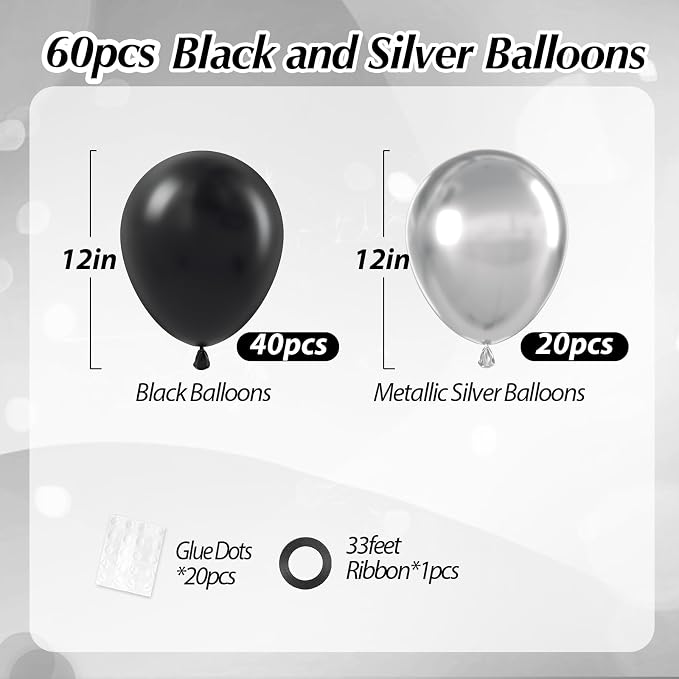 12inch Black and Silver Balloons - Image 2