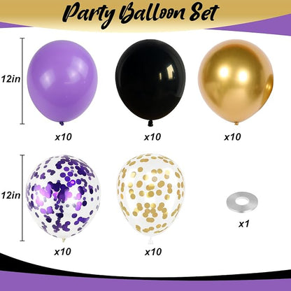 Purple and Gold Balloons, 12 Inch Black Purple and Gold Confetti Balloons - Image 2