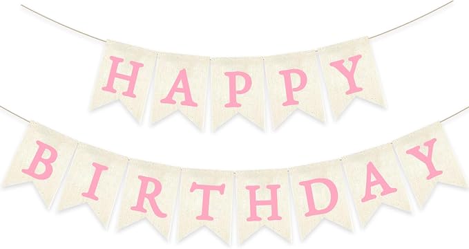 Pink Happy Birthday Banner Pre-strung Burlap Bunting Party Backdrop Sign by Unknown