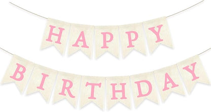 Pink Happy Birthday Banner Pre-strung Burlap Bunting Party Backdrop Sign by Unknown