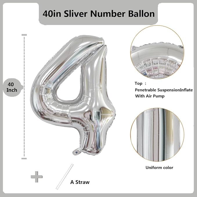40 inch Silver Number Balloon Giant Foil Helium Balloons Silver Number 4 Balloon - Image 2